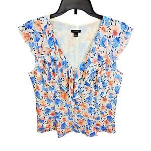 Ann Taylor Factory Women's Sleeveless Floral Top With Ruffle V Neck Size 10